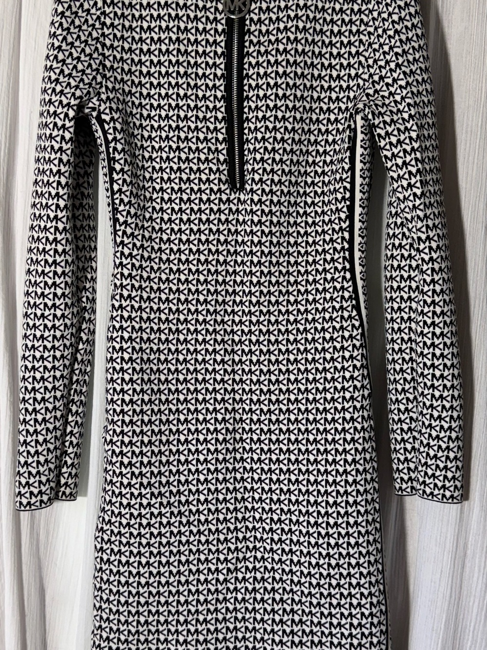 Michael Kors MK Logo Knit Dress Black White Quarter Zip Bodycon Sweater Dress S